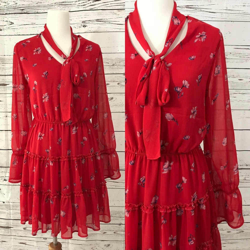 NWOT Tie Neck Tiered Fit and Flair Floral Dress